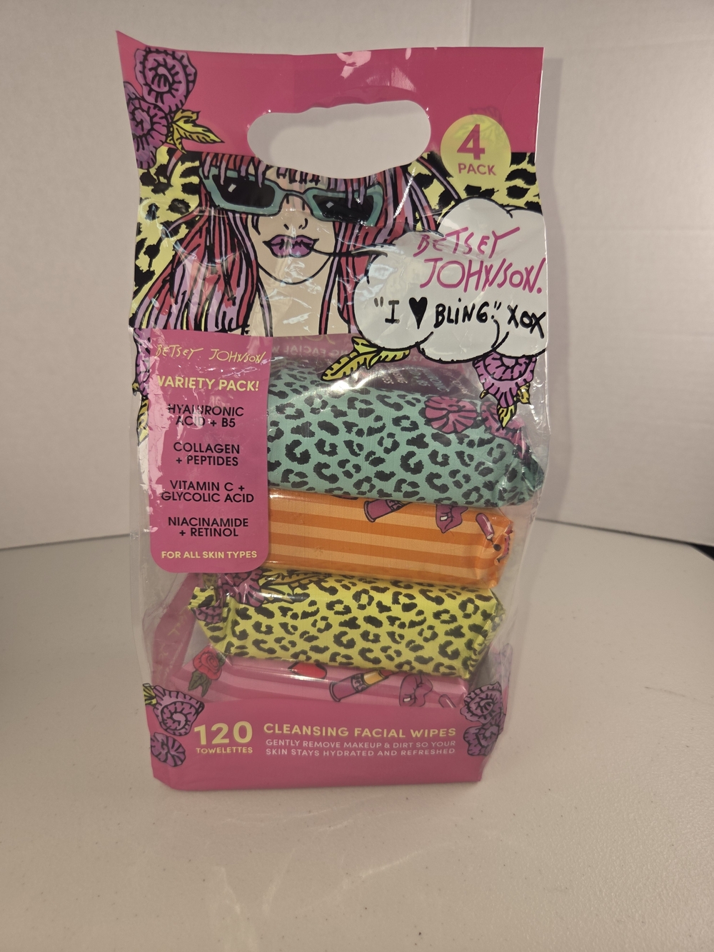 4 Pack Betsey Johnson Cleansing Wipes Variety Pack - Pink, Teal, Orange, Yellow
